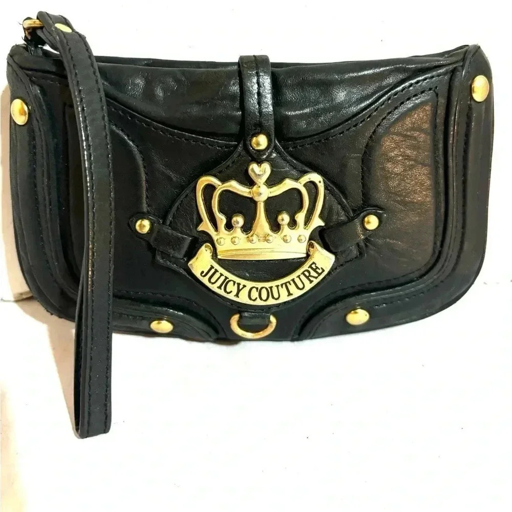 Juicy Couture black leather wristlet clutch bag